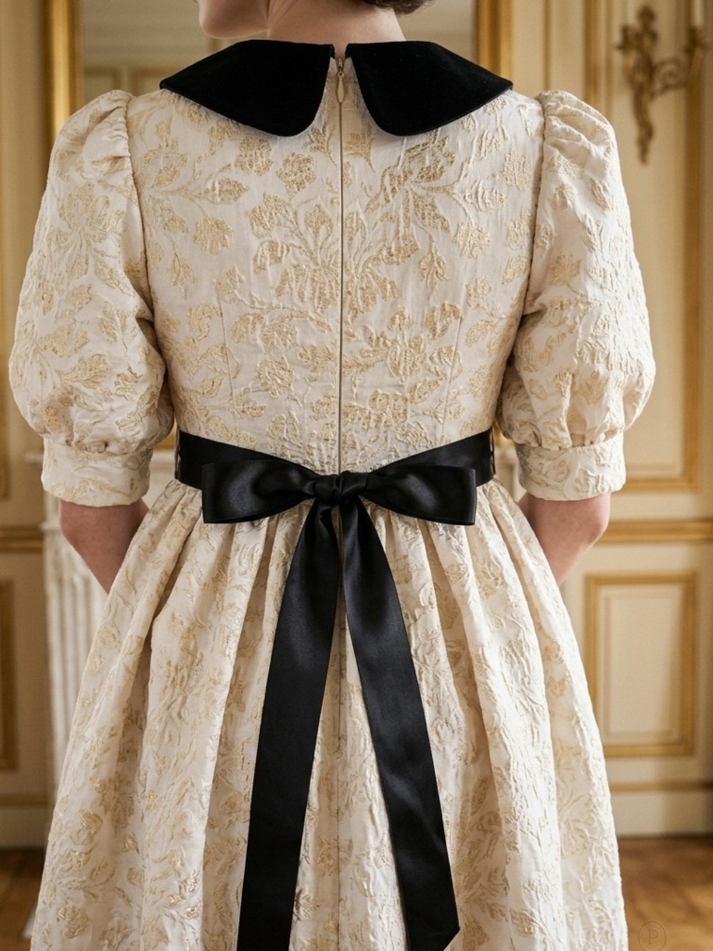 Sister Jane Jacquard Puff Sleeve Dress Black Satin Peter Pan Collar & Ribbon NWT - Picture 11 of 16
